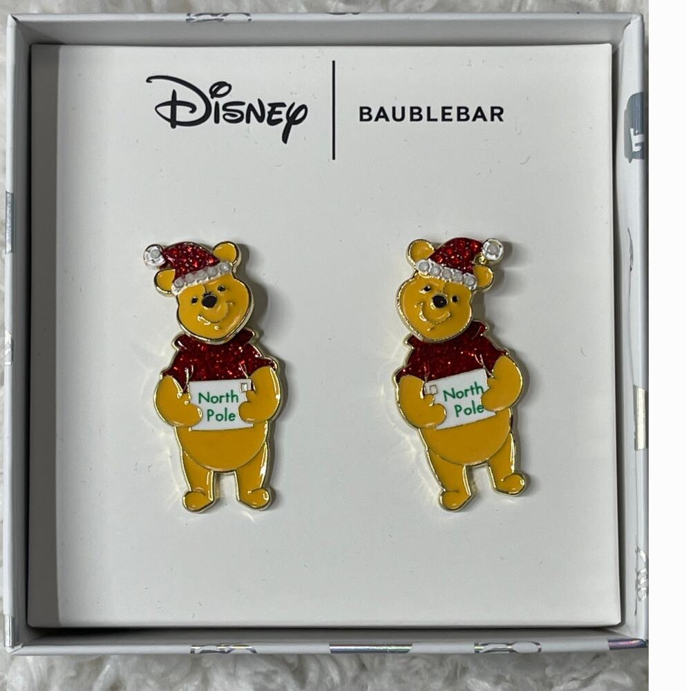 Disney BaubleBar Winnie the Pooh North Pole Moveable Holiday Stud Earrings NEW